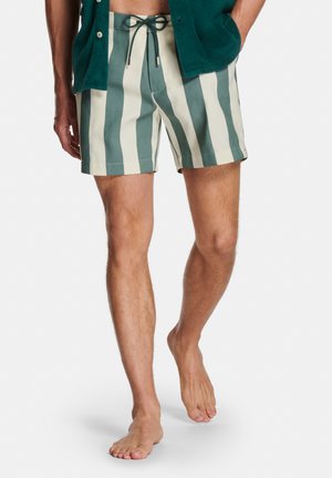 Homme portant un short de bain à rayures verticales vertes et blanches avec cordon de serrage, marchant pieds nus, les mains dans les poches, sur un fond uni.