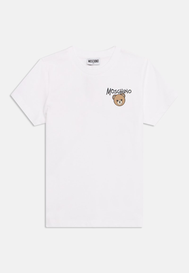 Άσπρο T-shirt με κοντά μανίκια με το κείμενο "Moschino" και μια μικρή γραφική παράσταση με πρόσωπο αρκουδάκι στο αριστερό στήθος.