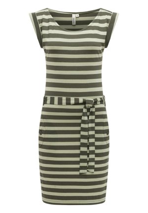 Ermeløs kjole til knelengde med horisontale grå og off-white striper, midjebelte med knyting og sidelommer med knapper.