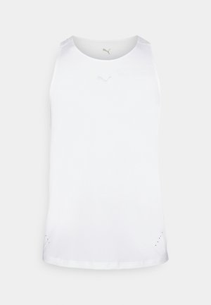 Balts sportisks bezpiedurkņu topiņš ar noapaļotu kakla izgriezumu, ar nedaudz redzamu logotipu uz krūtīm. Sides ir mazi ventilācijas caurumi.