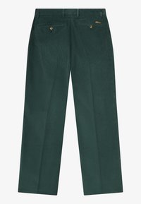 Πράσινα βελούδινα παντελόνια με ίσια γραμμή, με δύο πίσω τσέπες και χρυσές λεπτομέρειες.