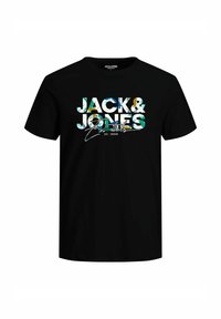 Crna pamučna majica s višebojnim grafičkim printom sa natpisom "JACK & JONES Essentials EST. 1990" u raznim teksturama i uzorcima.