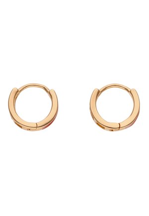 Cercei mici din aur lustruit, cu suprafață netedă și închidere cu clapă articulată, prezentați pe un fundal alb.