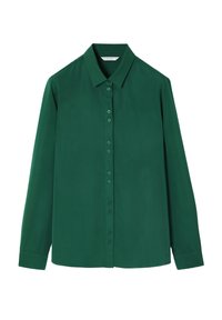 Green long-sleeve shirt made of smooth fabric with a button-down front, pointed collar, and buttoned cuffs. Solid color with no patterns.