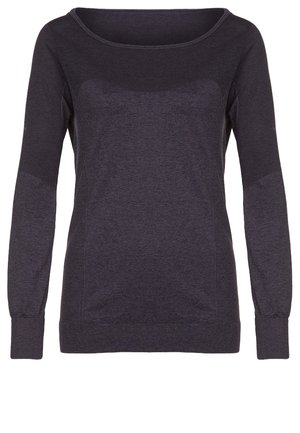 Pull femme gris foncé à manches longues, avec poignets ajustés et large encolure ronde.