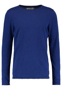 Blå långärmad tröja med rund halsringning, tillverkad av mjukt tyg. Har en slät yta med rak skärning och minimala sömdetaljer.