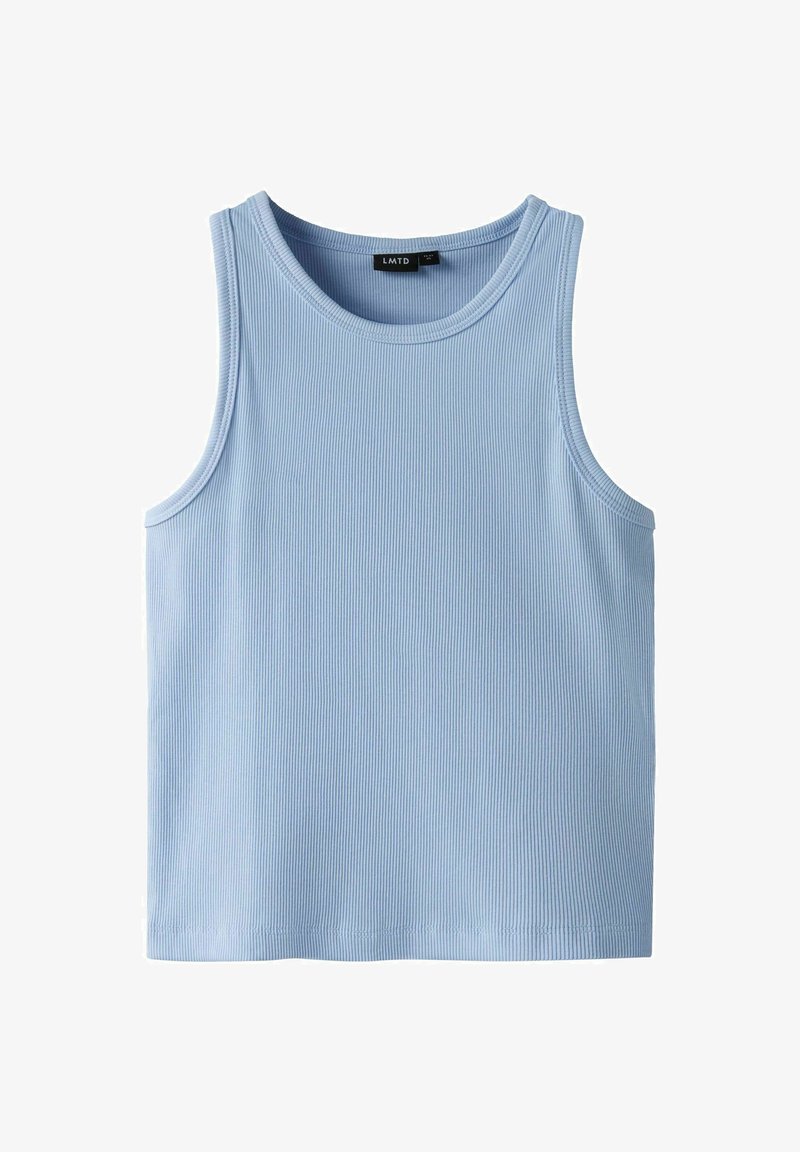Light blue ribbed tank top with wide armholes and a crew neckline. Features a smooth texture and clean, stitched edges.
