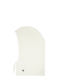 Witte geribbelde gebreide muts met een verlengde vorm en een zijstrikkraag. Heeft een ronde logo-accent bij de onderkant.