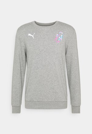 Sweat-shirt gris en tissu doux, avec des manches longues, des poignets côtelés et un logo abstrait multicolore sur la poitrine.