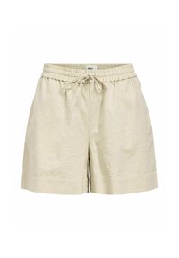 Pantaloni corti beige chiaro realizzati in tessuto morbido con vita elastica e coulisse. Presentano tasche laterali e un design a vestibilità rilassata.