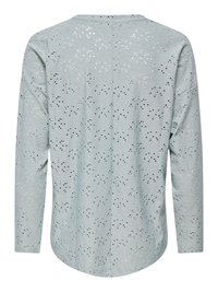 Ανοιχτό μπλε μακρυμάνικο μπλουζάκι με κεντήματα με λουλουδάτα ανοιχτά σχέδια και κυματιστό τελείωμα, εμφανίζεται από πίσω.