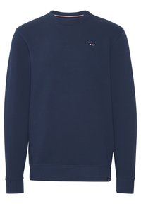 Felpa blu navy realizzata in tessuto morbido, con colletto rotondo, maniche lunghe e un piccolo logo sul petto, completa di orlo e polsini a coste.