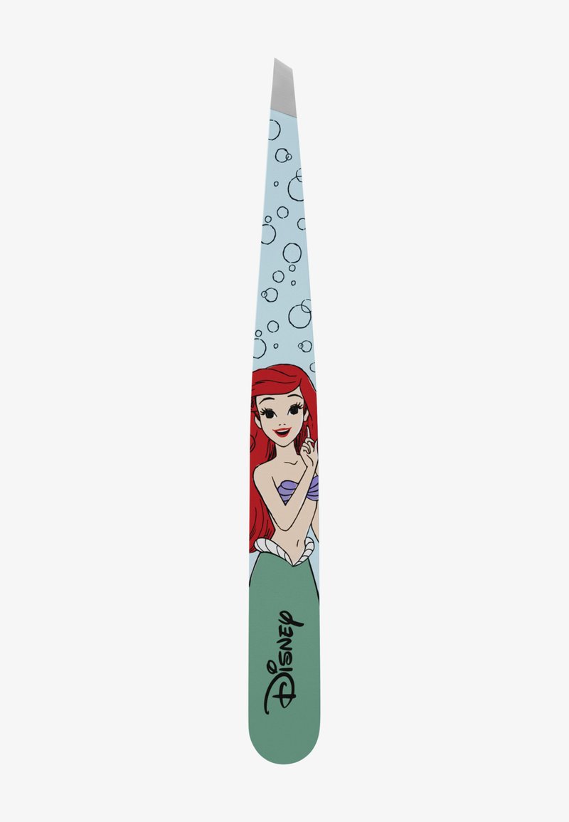 Pinzetta inclinata con illustrazione di Ariel della Disney, capelli rossi, top con conchiglia viola, coda verde e bolle su sfondo azzurro chiaro.