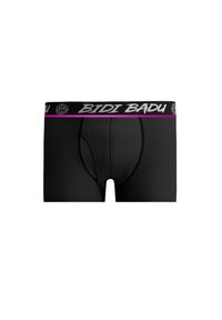 Boxer in cotone neri con un design aderente, caratterizzati da una vita a coste in viola e bianco con il logo "BIDI BADU". Texture liscia, senza motivi.