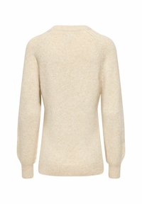 Maglione crema chiaro in un morbido materiale lavorato a maglia. Presenta un collo rotondo, maniche lunghe a raglan e polsini e orlo a coste.