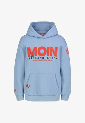 Light blue hoodie with red text "MOIN" and black text "IHR LANDRATTEN" and a seagull graphic on the front, plus a front pocket and hood.
