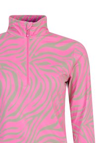 Top de manga larga en rosa y beige con un alto cuello, que presenta un cierre de cremallera en la parte delantera y un patrón de rayas de cebra. Confeccionado en una tela suave y ligera.