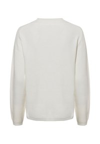 Leichter Pullover aus Creme mit strukturiertem Strick, überschnittenen Schultern und gerippten Bündchen. Die Rückansicht zeigt ein sauberes, einfaches Design.
