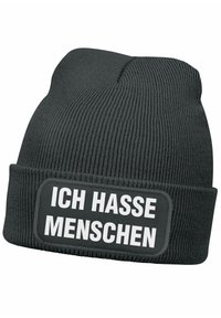 Black knit beanie with a folded cuff. Features a rectangular patch with the white text "ICH HASSE MENSCHEN" prominently displayed.