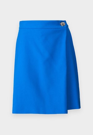 Blue wrap skirt with a smooth texture, featuring a silver button accent at the waistband, cut in an A-line shape for a fitted look.