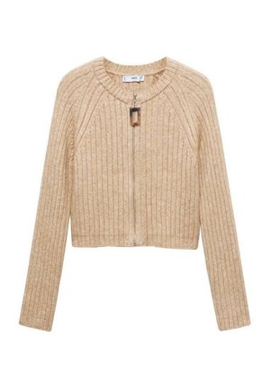 Beige ribstrikket cropped cardigan med lange ærmer og lynlås foran med rektangulært trækfad.
