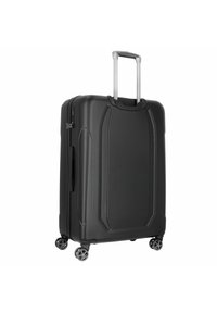 Hartschalenkoffer in Schwarz mit strukturierten Oberflächen, zwei glatten Rollen, einem Teleskopgriff und dezent wirkenden Nahtdetails an den Seiten.