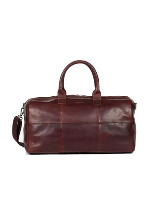 Braune Ledertasche mit robusten Griffen, einem abnehmbaren Schultergurt und einer glatten Textur. Verfügt über einen Reißverschluss und eine rechteckige Form.