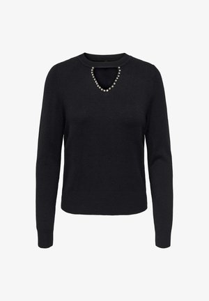 Maglione nero a maniche lunghe con scollo rotondo, caratterizzato da un piccolo taglio triangolare decorato con una fila di perline argentate.