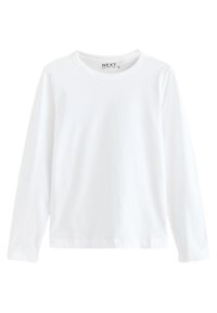 Maglietta a maniche lunghe bianca in cotone, con collo rotondo e design semplice, con una trama uniforme e senza motivi o decorazioni visibili.