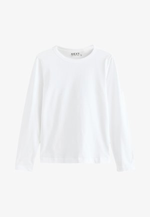 Tricou alb cu mânecă lungă din bumbac, cu guler rotund și design simplu, având o textură uniformă și fără modele sau accente vizibile.