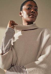 Pull en maille beige avec col haut ; manches longues à rayures contrastantes marron foncé et blanches ; texture douce, coupe décontractée.