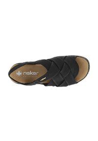 Sandale noire à lanières croisées en cuir et semelle intérieure beige rembourrée. Présente un logo doré sur la semelle.