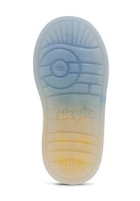 Genomskinlig gummisula med cirkulära och räfflade mönster, som har en övergång från blått till gult, och med präglad "Falcotto"-logotyp.