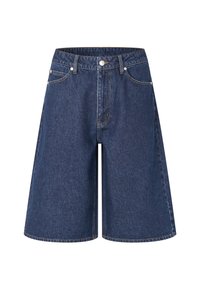 Rifle kraťasy s voľným strihom, tmavomodrá farba, vysoký pás, predné vrecká a prešitie pozdĺž švov.