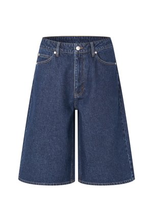 Riflové šortky s volným střihem, tmavě modré barvy, s vysokým pasem, přední kapsy a prošitými detaily podél švů.