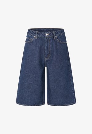 Shorts en jean à coupe ample, couleur bleu foncé, taille haute, poches avant et détails surpiqués le long des coutures.