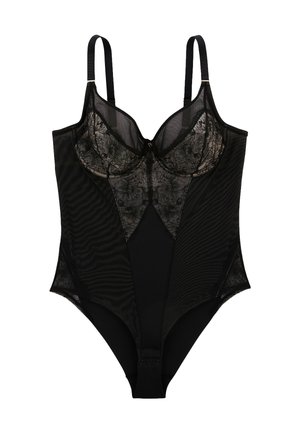 Bodysuit noir avec un panneau en dentelle transparente à motifs floraux, bonnets à armatures, bretelles ajustables et une fermeture en bas.