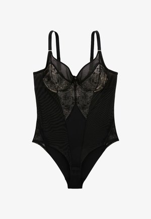 Bodysuit noir avec un panneau en dentelle transparente à motifs floraux, bonnets à armatures, bretelles ajustables et une fermeture en bas.