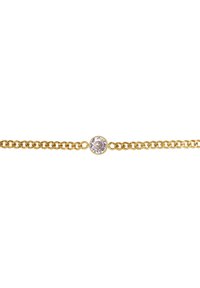 Bracciale in oro con al centro una pietra preziosa trasparente in montatura rotonda. La catena presenta un design semplice ed elegante e una superficie liscia.
