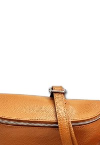 Bruin leren tas met een gestructureerd oppervlak, voorzien van een zilveren rits en een verstelbare band. Eenvoudig, afgerond ontwerp zonder extra versieringen.