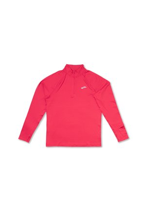 Jaskrawoczerwona sportowa bluza na długi rękaw z kołnierzem zapinanym na zamek do połowy długości i małym białym logo na lewym piersi.