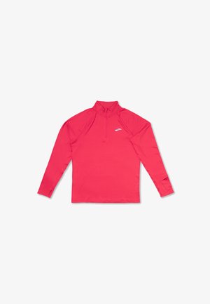 Jasně červený sportovní pulovr s dlouhým rukávem, límcem se čtvrtinovým zipem a malým bílým logem na levé straně hrudi.