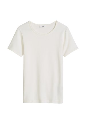 Witte katoenen T-shirt met korte mouwen en ronde hals, plat gelegd op een witte achtergrond, voorkant zichtbaar.