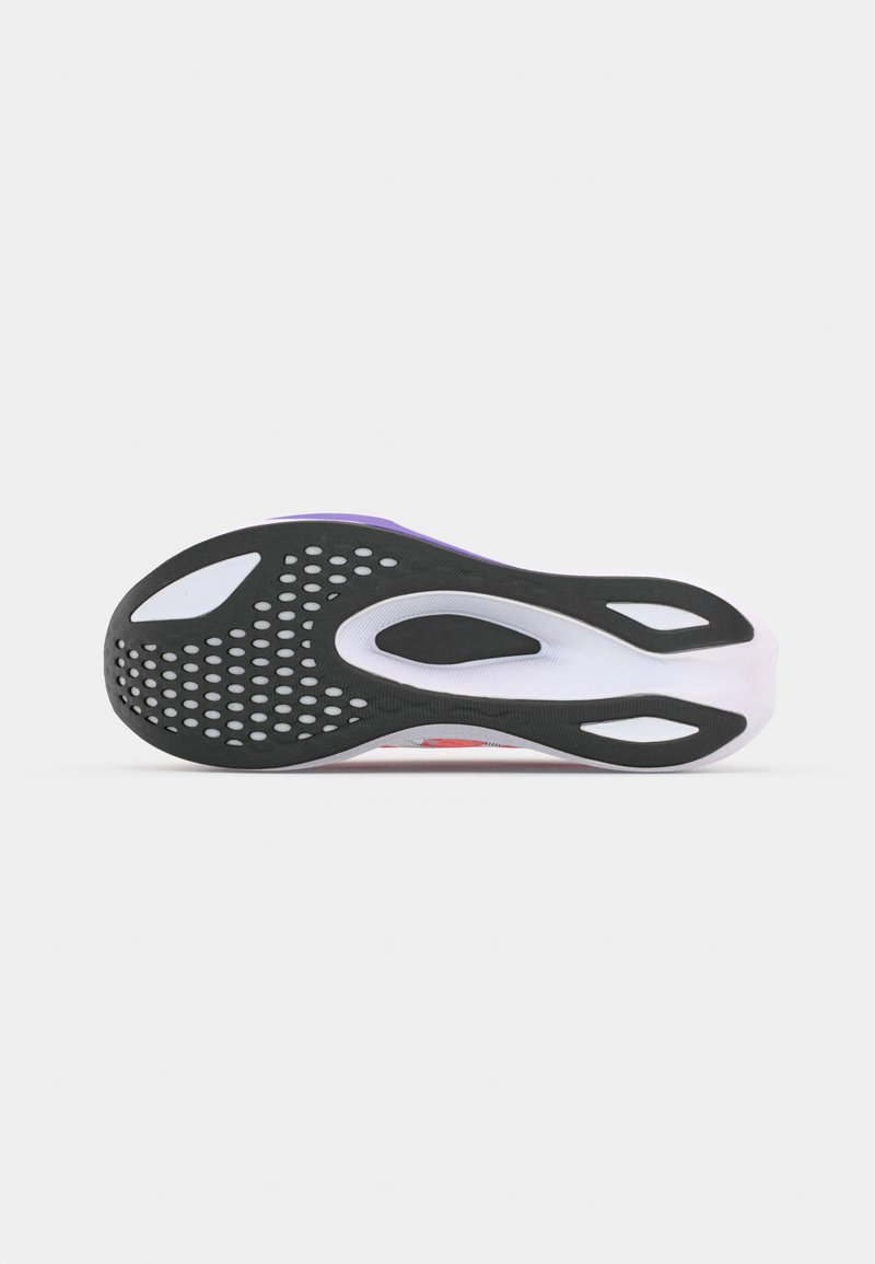 Running shoe sole featuring a black rubber base with hexagonal cutouts, white midsole, and purple accent on the heel area.