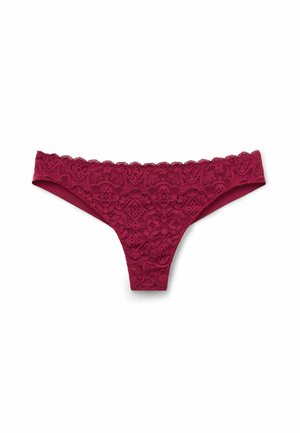 Bordeaux kanten string met bloemmotieven, geschulpte randen en een soepele satijnen achterkant, ontworpen voor comfort en pasvorm.