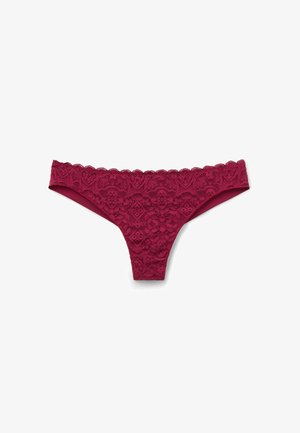Bordeaux kanten string met bloemmotieven, geschulpte randen en een soepele satijnen achterkant, ontworpen voor comfort en pasvorm.