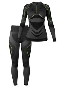 Schwarzes Sportset mit langärmligem Oberteil und figurbetonten Leggings mit grünen Akzenten, strukturierten Einsätzen und einem strukturierten Design für Halt.