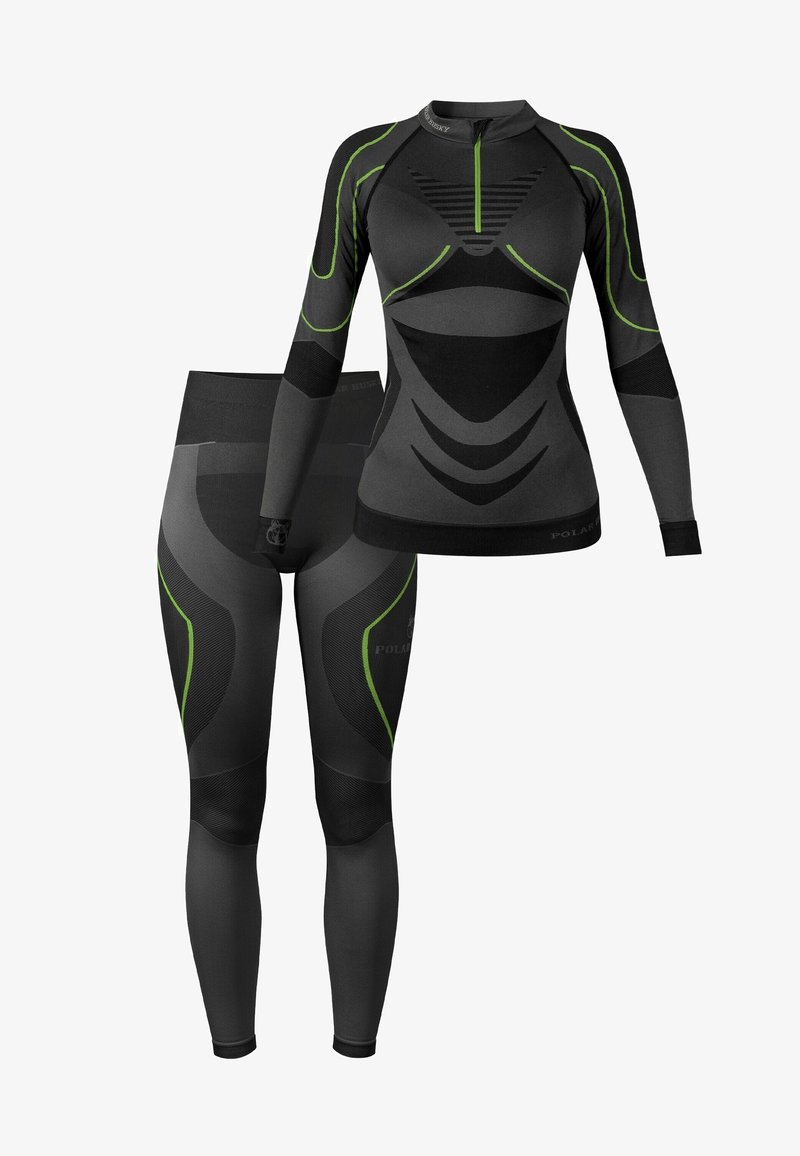 Schwarzes Sportset mit langärmligem Oberteil und figurbetonten Leggings mit grünen Akzenten, strukturierten Einsätzen und einem strukturierten Design für Halt.