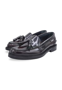 Zwarte leren loafers met franje-accenten, een gladde en glanzende afwerking, een ronde neus en een low-profile rubberen zool.