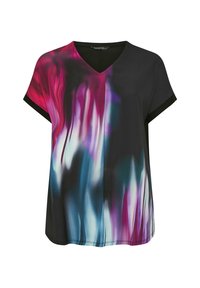 Top corto nero a maniche corte con un vivace motivo astratto in tonalità di rosa, viola e blu, realizzato in un tessuto leggero e dotato di scollatura a V.